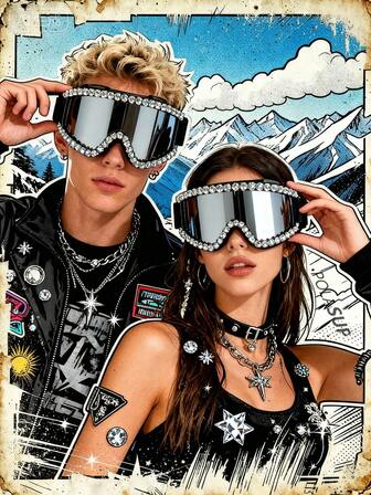1 pieza Gafas de esquí multifuncionales decoradas con cristales de bling, con 58 cristales, marco extra grande de silicona antivaho y anti-viento para esquí, snowboard, motocicleta, deportes al aire libre, incluye paño antivaho y braga para el cuello a juego