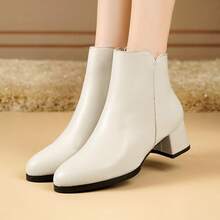 秋冬新款女士麂皮短靴，红色中跟短筒靴，百搭粗跟，大码可选，保暖内衬，踝靴 - 米色 - 查看 5