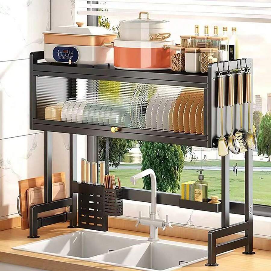 Larora Dish Drying Rack, 2-Tier Over Sink Dish Drying Rack, 33.5" Over Sink Dish Rack For Small Kitchen, Space-Saving Dish Rack With Cover, Baskets, Utensil, Large Sink Storage Organizer Black - màu đen - Xem 1
