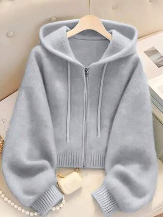 Women's Soft Light Blue Zip-Up Hoodie - Casual Fashionable Long Sleeve Cardigan, Stretchy & Comfortable For Autumn/Winter, Ribbed Details, Button Closure, Breathable Fabric, Pullover, Essential For Fall