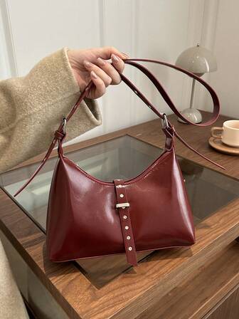 Bolso baguette de cuero patentado burdeos vintage, adecuado para el trabajo, el transporte diario y las compras cotidianas de las mujeres. Bolso de hombro/cruzado ligero, lujoso y versátil.
