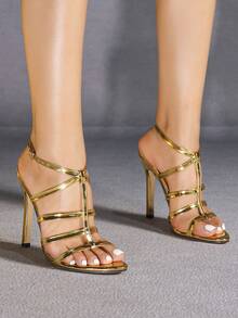 Jin Bei Qi Sandálias de Salto Alto Stiletto de Verão para Mulheres, Bico Redondo, Cor Sólida, Couro Envernizado, Multi-Tiras Cruzadas com Fivela, Aberta, Festa ao Ar Livre, Elegante, Glamorosa, Adequada para Todas as Estações, Festa, Banquete, Personalizada, Romântica, Salto Alto Dourado - Dourado - Visão 4