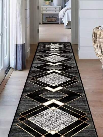 1pc Modern Luxury Geometric Diamond-Shaped Long Carpet, Black And Gray Corridor Exquisite Art Floor Mat, High-End Home Decor Long Carpet, Luxurious Textured Rug, European Elegant Home Decor Long Carpet, Corridor Luxury Art Floor Mat, Home Decor Long Carpet
