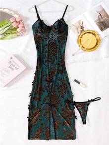 2pcs New 3D Embroidered Lace Sheer Hollow-Out Sexy Lingerie Set: Camisole & Panties - Olive Green - View 12