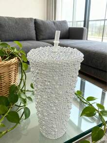 1pc 650ml Handmade Diamond Cup, Double Layer PS Plastic Straw Cup, Large Capacity 650ml Gemstone Diamond Cup, Handheld Cup, Portable Pearl Cup [5 Styles Available] - Multicolor - View 9