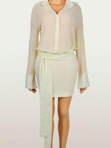 夏季女装长袖上衣外出开衫系带连衣裙性感短裙 - 杏色 - 查看 2