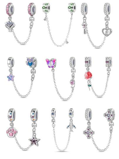 Diverse Design Chain Charm Set Silver Plated Owls, Airplanes, Roses, Heart Motifs Charm DIY Jewelry
