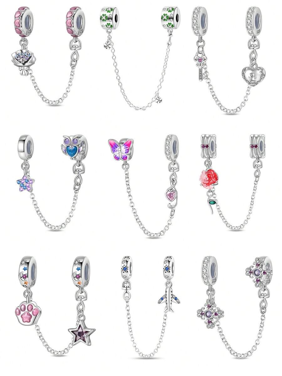 Diverse Design Chain Charm Set Silver Plated Owls, Airplanes, Roses, Heart Motifs Charm DIY Jewelry - Silver - View 1