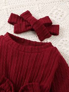 Conjunto de body y pantalones acampanados con diadema para bebé niña, de estilo casual con textura, cuello redondo, doble capa, mangas acampanadas y lazo delantero, para otoño/invierno - Rojo - Ver 3