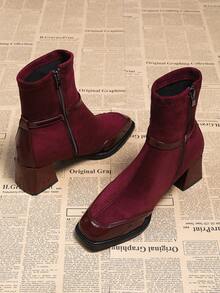 2025秋冬新款复古法式英伦风酒红色方头麂皮短靴，侧拉链修身粗跟搭扣时尚连衣裙靴 - 酒紅色 - 查看 5