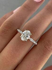 Nooxian 1 buah Cincin Telur Zirkonia Kubik Berkilau & Elegan untuk Wanita, Cincin Pernikahan - perak - View 1