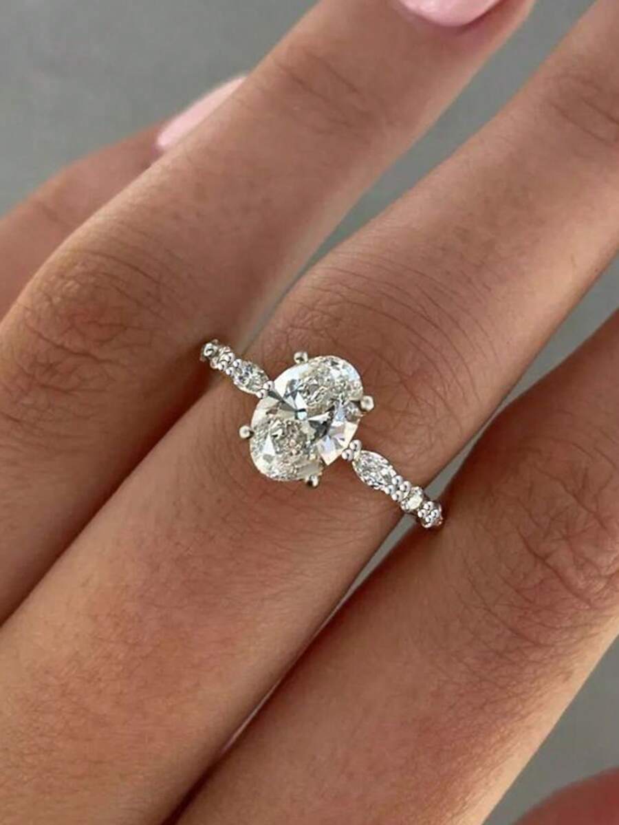 Nooxian 1 buah Cincin Telur Zirkonia Kubik Berkilau & Elegan untuk Wanita, Cincin Pernikahan - perak - View 1