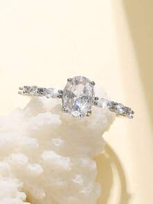 Nooxian 1 buah Cincin Telur Zirkonia Kubik Berkilau & Elegan untuk Wanita, Cincin Pernikahan - perak - View 5