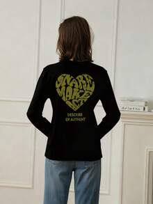 心形印花长袖圆领 T 恤，休闲宽松百搭女式上衣，秋季 - 黑色 - 查看 2