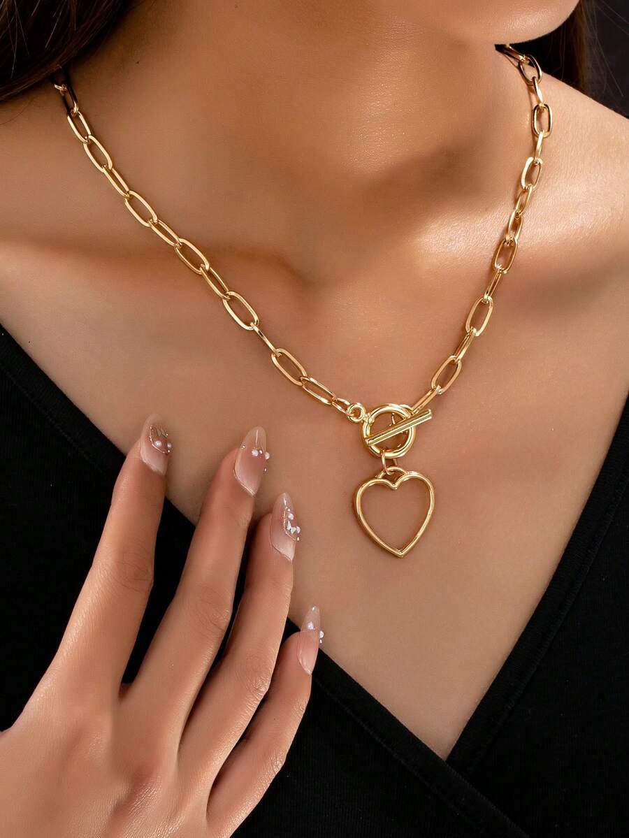 1 chiếc vòng cổ mặt trái tim đơn giản, thanh lịch và sang trọng thời trang - Vàng - Xem 1