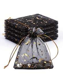 30PCS Moon And Star Printed Drawstring Hard Yarn Bag, Black, Candy Gift Bag, Used For Cosmetics, Parties, Jewelry, And Festivals, 3.5x4.7 Inches (9x12 Cm), Festival Valentine's Day, New Year Gift Packaging Gift Bag - Multicolor - View 2