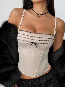 Women's Lace Trim Tank Tops Summer Fashionable Sleeveless Spaghetti Strap Slim Fit Corset Camisole - Rượu sâm banh - Xem 2