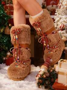 Faux Fur Snow Boots For Women Fuzzy Fluffy Furry Lace Up Mid Calf Boots Winter Warm Fur Boots For Christmas - 駝色 - 查看 2