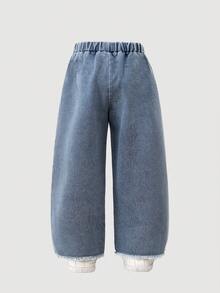 بنطلون جينز مطبوع بالقطط والحروف ذو خصر مطاطي مناسب للفتيات الصغيرات للاستخدام الخارجي - الأزرق - مشاهدة 2