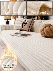 1pc Winter Christmas Decor Thick Plush Sofa Cushion Cover, Anti-Dust Anti-Slip Sofa Slipcover, Minimalist Modern Style, Dust-Proof, Stain-Resistant, Fade-Resistant, Machine Washable One-Piece Sofa Blanket, Warm For 1/2/3/4 Seater With Armrest And Backrest In Winter - Beige - View 1