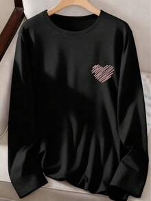 Women's Spring/Autumn Heart Print Casual Simple Loose Comfortable Street Style Long-Sleeved Cotton Crew Neck T-Shirt Top - Black - View 2