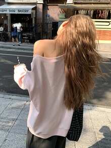 女士休闲刺绣吊带长袖套头衫 - 粉色 - 查看 2