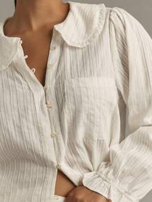Women Y2k Peter Pan Collar Shirts Ruffle Puff Long Sleeve Button Down Babydoll Blouse Lapel Going Out Tops Fall - 白色 - 查看 5