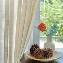 4pcs Farmhouse Style Linen Blend Semi-Sheer Curtains, Grommet Top Light Filtering Drapes For Living Room, Bedroom - Machine Washable, Decorative Solid Pattern, No Lining - Natural - 查看 4