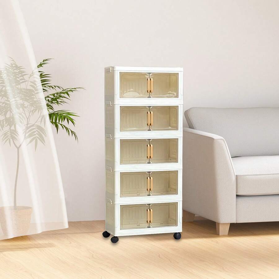 Organizador Plegable de 5 Niveles, Caja de Almacenamiento de Plástico, Armario Portátil, Cajón de Almacenamiento Apilable con Ruedas, Ideal para Dormitorio, Salón, Oficina, Cocina, Ahorra Espacio, Almacenamiento Práctico - Estante de Almacenamiento Práctico, Almacenamiento Bajo Cama, Caja de Almacenamiento con Ruedas, Organizador de Cocina y Almacenamiento, Caja de Almacenamiento de Plástico con Ruedas para Chef, Estante Plegable con Ruedas, Jaula de Almacenamiento Grande - Blanco - Ver 1