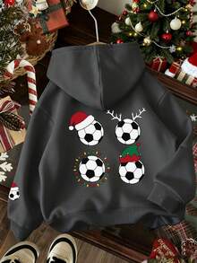 Christmas-Tween Boy Football Print Sweatshirt, Fleece Soft Top, Suitable For Autumn/Winter Daily Wear, Christmas Party, Streetwear Style, Fashionable Kid's Autumn/Winter Top - Dark Grey - View 6