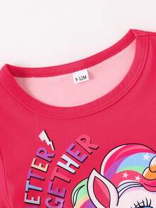 Baby GirlFashionable Cute Unicorn Print Short Sleeve T-Shirt And Pants Set, Spring/Summer/Autumn - Red - View 3