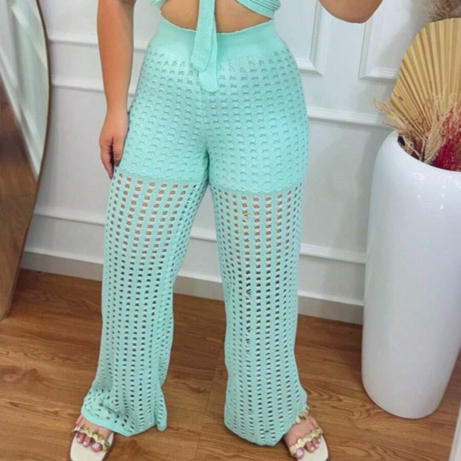 Calça Pantalona De Praia Com Short Feminina Cintura Alta Tricot  Verão Outono Primavera Moda Piscina Festas