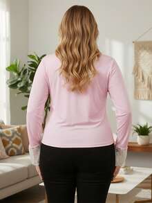 Blusas de otoño de talla grande para mujer, camisas de corte entallado con cuello en V, manga larga y encaje de retazos - Rosa - Ver 3