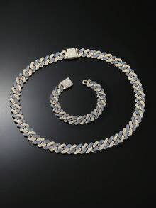 1 Set Men's 14mm Wide Hip Hop Style Fully Iced Out Diamond-Shaped Dual-Tone Cuban Link Chain Necklace And Bracelet Set - Style a - View 11