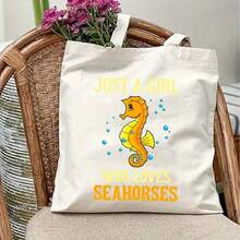 Large Capacity Stylish Seahorse Pattern Canvas Tote Bag - Durable Shoulder Handbag, Perfect Gift For Ocean Enthusiasts - Black - View 5
