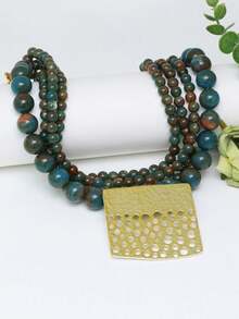 多层串珠项链，带有复古锤纹金色吊饰，适合日常、派对和节日佩戴 - 彩色 - 查看 14