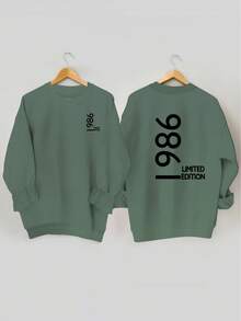 Women'S 1986 Limited Edition Double-Sided Print Sweatshirt - Olive Green Casual Pullover With Bold Black Number Design, Soft Polyester Blend For Fall & Winter, Ladies Sweaters - 墨綠色 - 查看 2