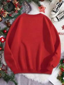 Christmas Outfit WomenEMERY ROSE Plus Size Women's Bright Pink Christmas Santa Reindeer Snowman & Letter Print Crew Neck Sweatshirt - Cozy Casual Long Sleeve Pullover For Fall & Spring, Graphic Sweater, Festive Attire, Festive Letters Design,Loose And Comfortablelong Sleeve Tops Women Thanksgiving Outfit Women - 橄欖綠 - 查看 8