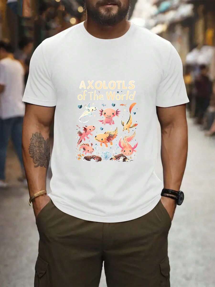Axolotls Of The World Print Men's Fashion Comfy Breathable T-Shirt, New Casual Round Neck Short Sleeve Tee For Spring Summer Holiday Leisure Vacation Men's Clothing As Gift - White - View 1