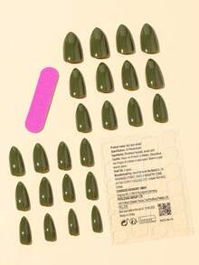 24片橄榄绿亚克力杏仁形哑光苔藓绿假指甲，中号不透明纯色美甲贴纸，带背胶，可重复使用软胶 - 彩色 - 查看 3