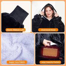 Wearable Heated Blanket Hoodie, USB Heated Oversized Hooded Blanket Adult 3 Heat Settings, Overheat Cozy Warm Heated Hoodie Blanket Sweatshirt Women With Sleeves & Pocket - Black - View 5