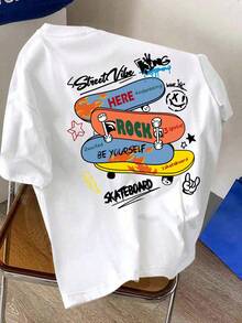 1pc Tween Boy Skateboard Print Short Sleeve T-Shirt, Suitable For Young Students, Boys Summer Top - White - View 6