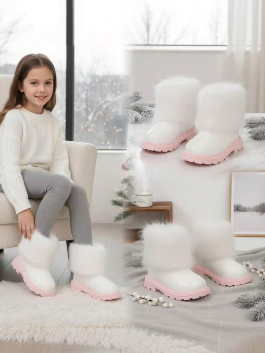1双白色保暖毛绒领女童雪地靴，防滑耐穿，时尚粉色橡胶软底，后拉链设计，公主风PU皮靴，适合3-15岁女孩日常活动、户外活动、滑冰、打雪仗，2025冬季新款女童鞋 - 粉色 - 查看 1