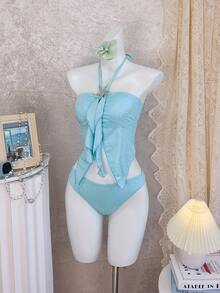 Bộ bikini nữ mùa hè màu trơn, chất liệu vải bóng nhẹ, co giãn, họa tiết sao biển, viền bèo nhún, dây mảnh. - Màu xanh nhạt - Xem 4