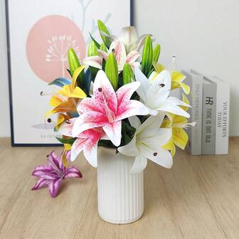 5支/1支仿真百合花，2朵花1个花苞，逼真仿真花，适用于酒店、客厅、卧室、婚礼、派对、桌面、花园、DIY插花，也是送给朋友、爱人、家人的礼物。