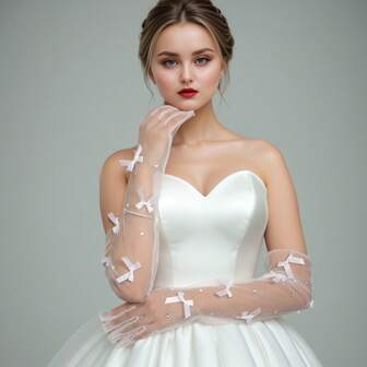 1 par de guantes elegantes de novia de dedo completo con tela transparente de unicolor, moño y acento de rhinestone, adecuados para fiestas y festivales