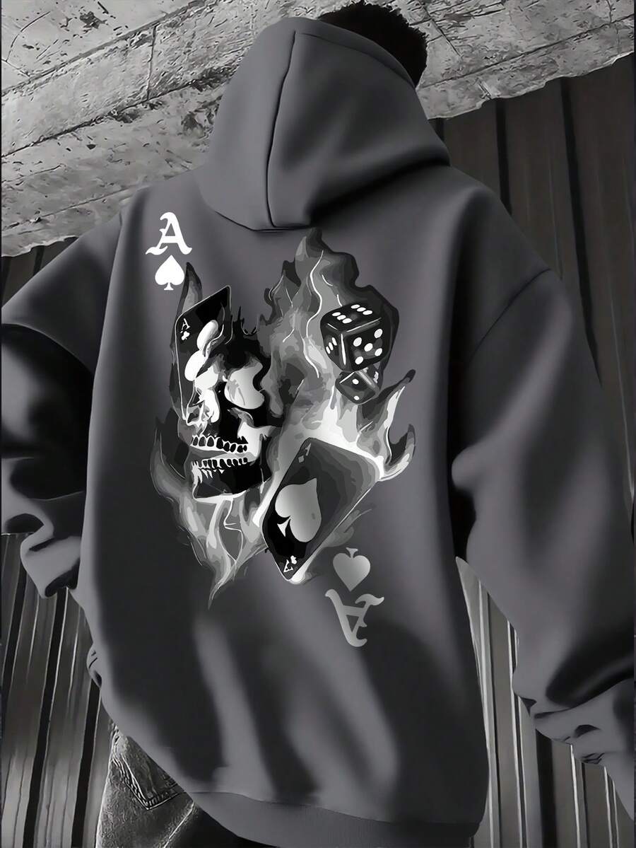 Men's Fashionable Skull & Playing Card Print Drawstring Hoodie With Kangaroo Pocket, Thermal Lined, Autumn/Winter - Dark Grey - View 1