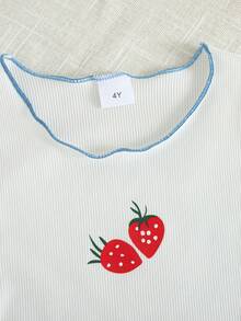 2pcs/Set Girls Casual Strawberry Print Round Neck Short Sleeve T-Shirt And Long Pants Outfit, Summer - Blue - View 3