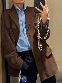 女士休闲西装外套，仿麂皮面料，长袖，宽松版型 - 棕色 - 查看 2