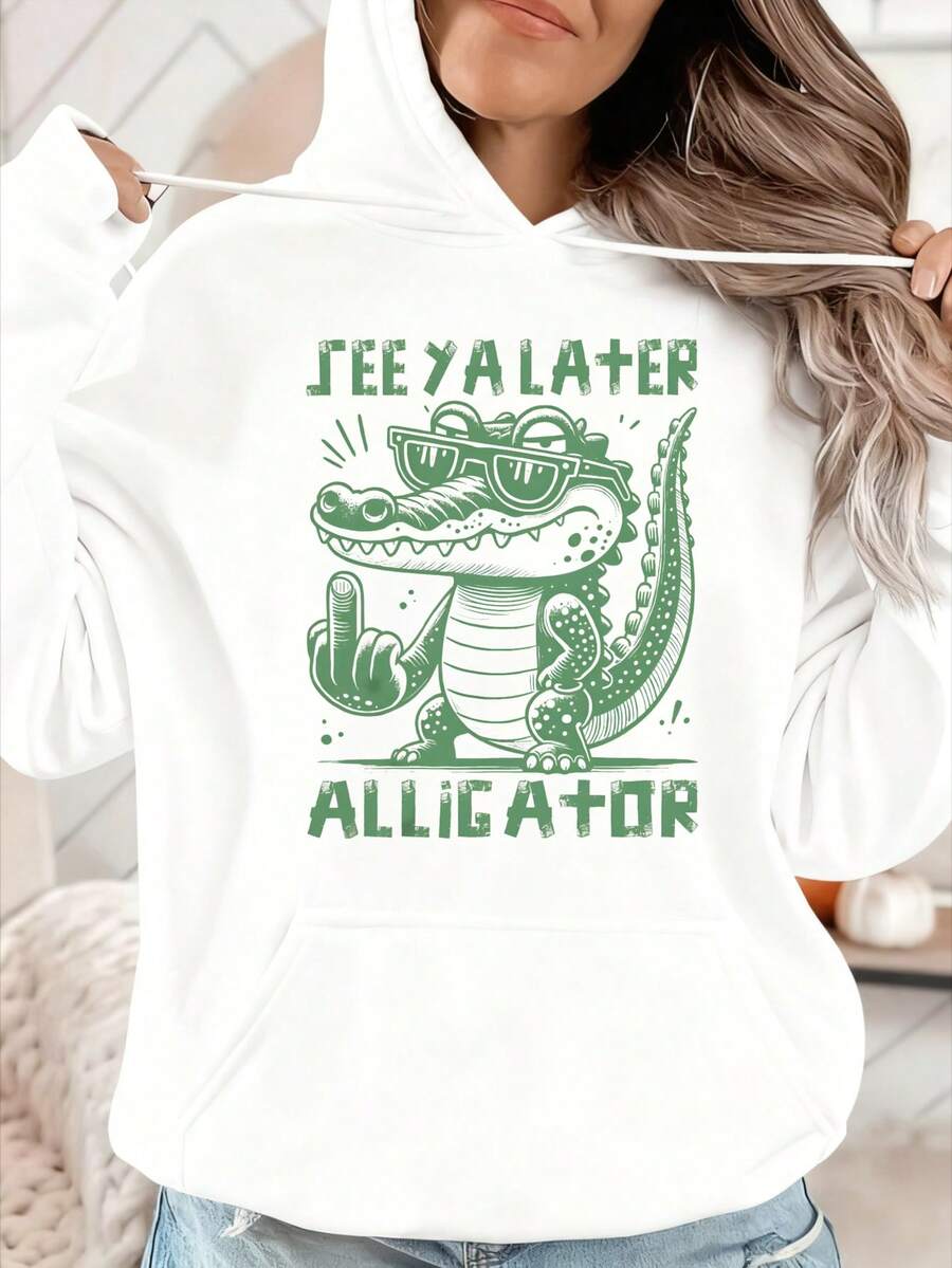 See Ya Later Alligator Graphic Oversized Hoodies Sweatshirts For Women, Long Sleeve Pocket Pullover, Girls Sweatshirts, Fall Fashion 2025 Pullover, Letter Print Winter Clothes, Casual Women Clothes For Fall And Winter, Suitable For Parties, Outdoor Activities, And Leisure, Gift For Women, Size S-3XL - 白色 - 查看 1